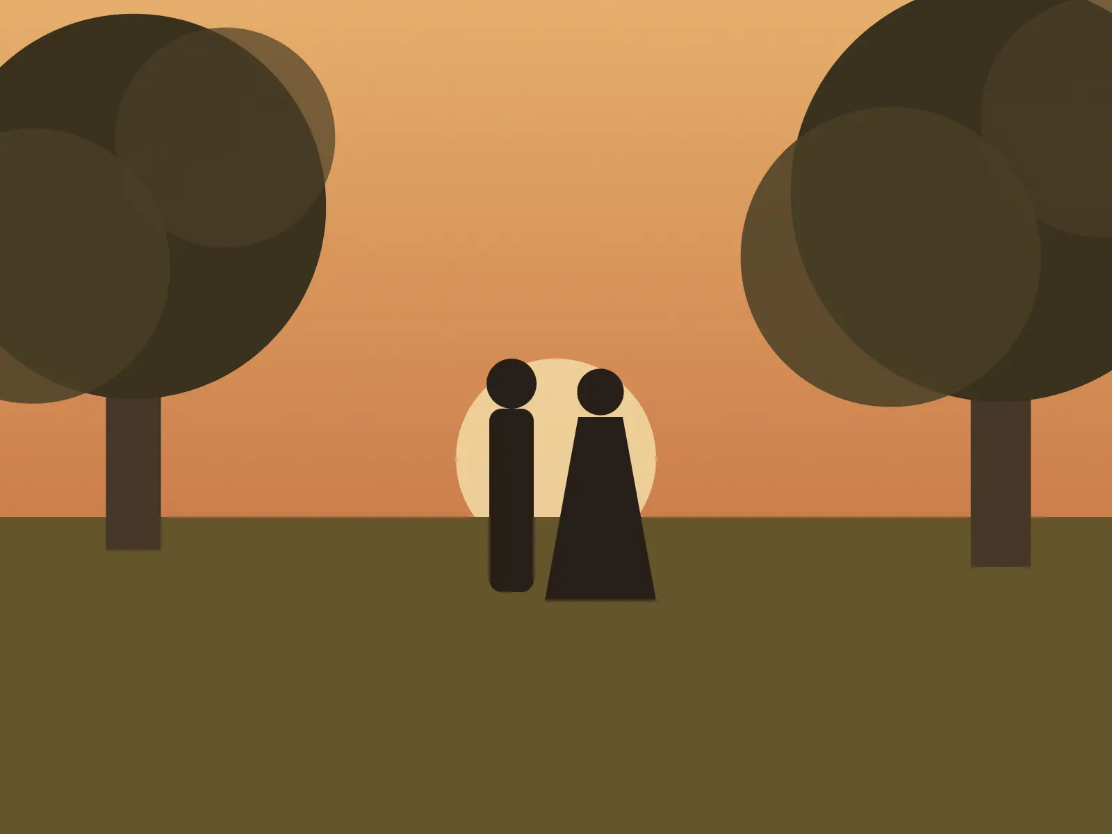 Couple walking through the orchard at golden hour